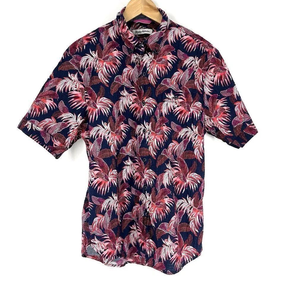 Tommy Bahama Shirt Size Small Mens Blue Pink Frenda Fronds Print Seersucker Camp